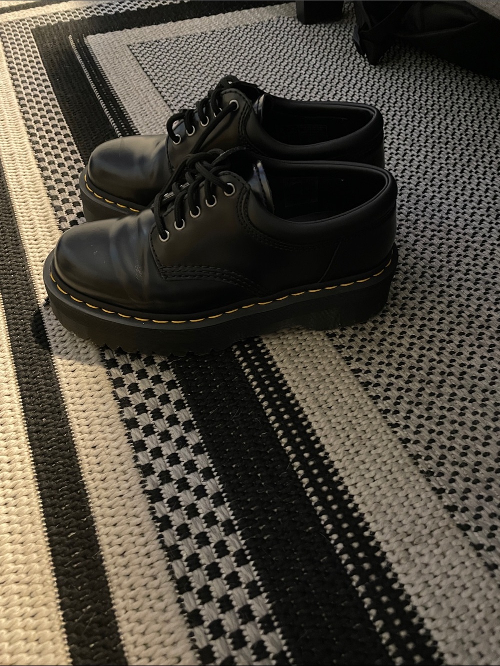 Dr. Martens Black Leather Platform  Shoes with Yellow Stitching excellent condit